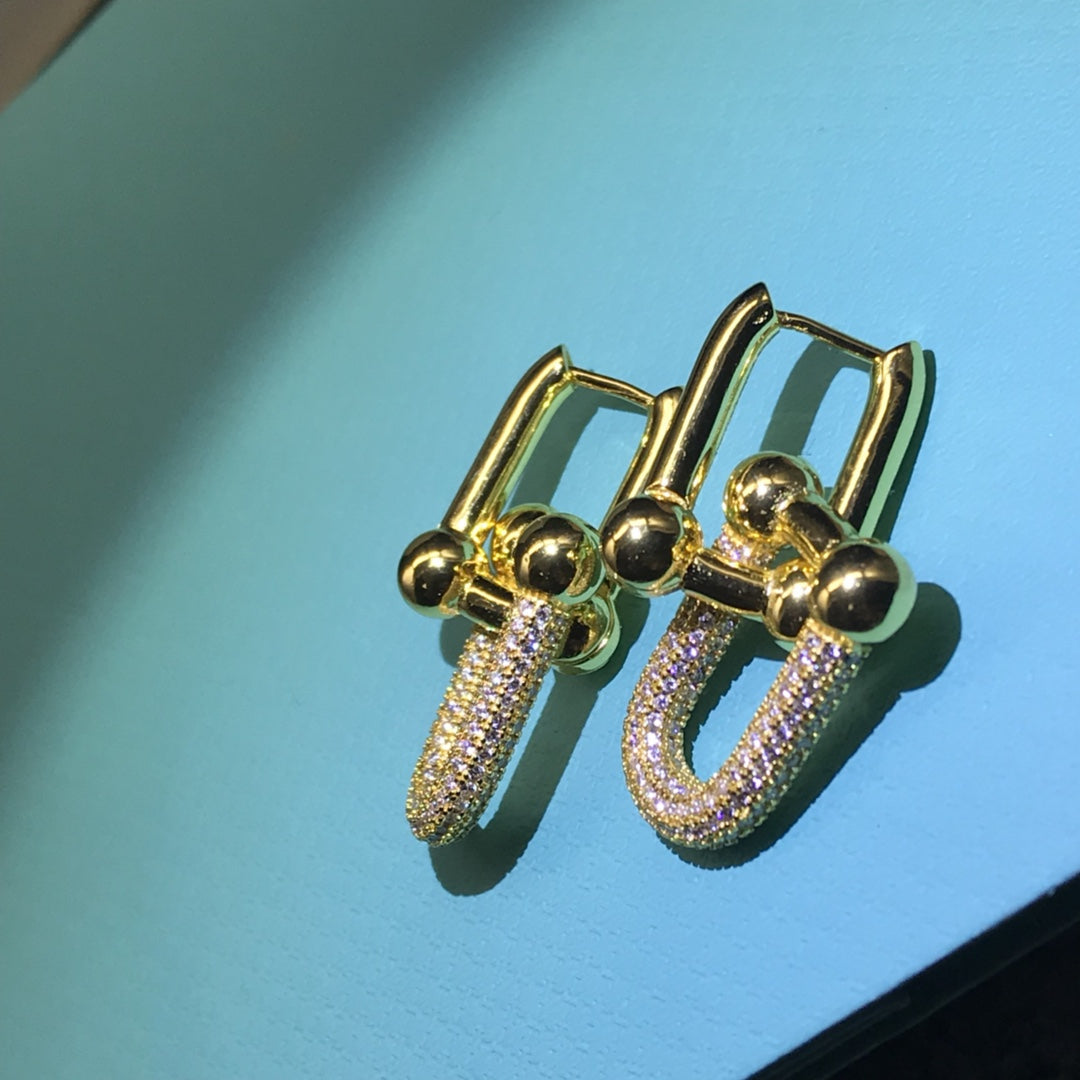 [Dawnora Jewelry]HARDWARE DROP EARRINGS DOUBLE LINK DIAMOND