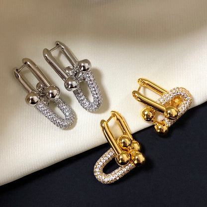 [Dawnora Jewelry]HARDWARE DROP EARRINGS DOUBLE LINK DIAMOND