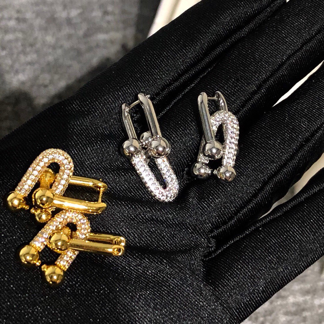 [Dawnora Jewelry]HARDWARE DROP EARRINGS DOUBLE LINK DIAMOND