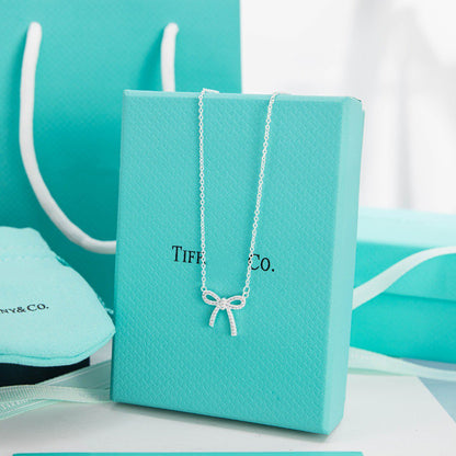 [Dawnora Jewelry]RIBBON NECKLACE BOW PENDANT DIAMOND CHARM CHAIN