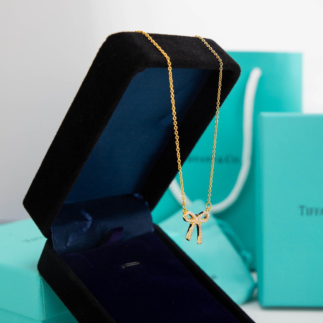 [Dawnora Jewelry]RIBBON NECKLACE BOW PENDANT DIAMOND CHARM CHAIN