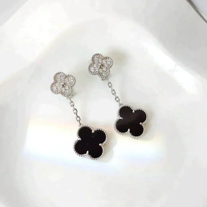 [Dawnora Jewelry]CLOVER 2 MOTIFS  DIAMOND ONYX EARRINGS SILVER