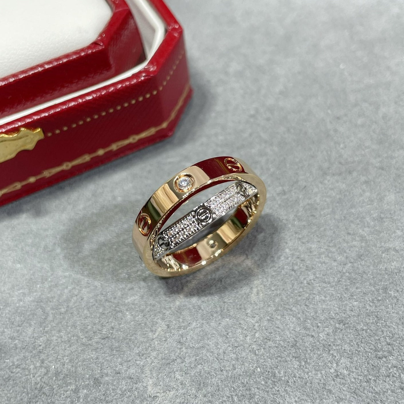 [Dawnora Jewelry]LOVE PINK GOLD SILVER DIAMOND DOUBLE RING