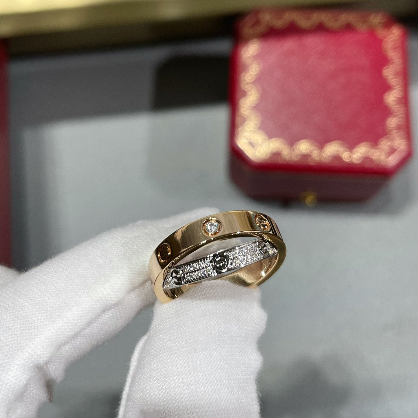 [Dawnora Jewelry]LOVE PINK GOLD SILVER DIAMOND DOUBLE RING