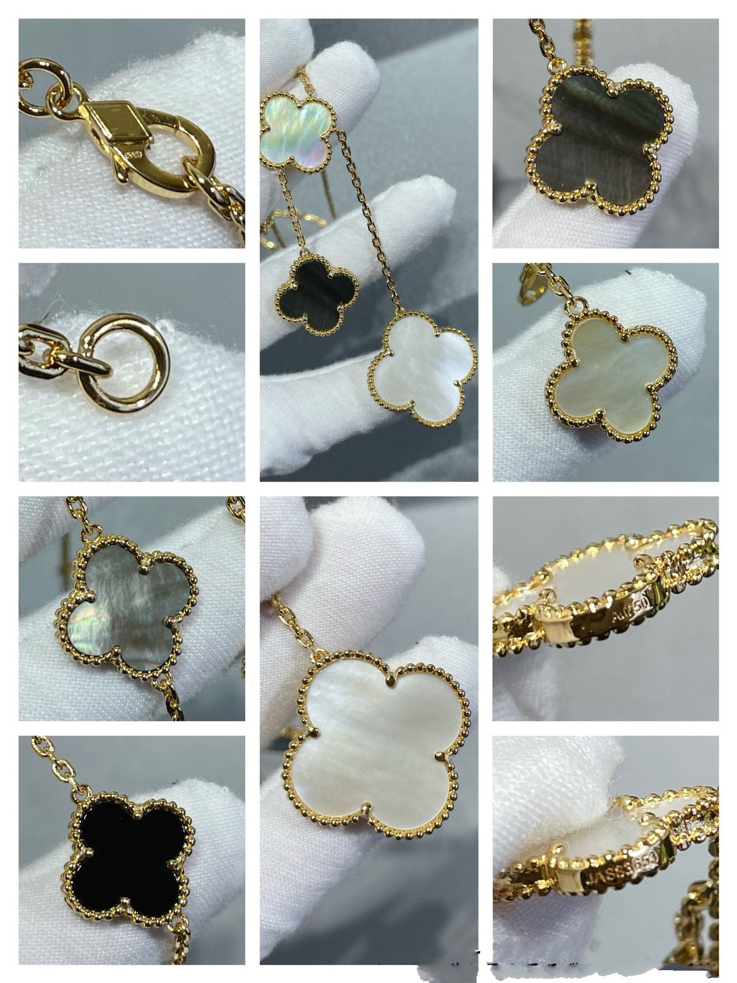 [Dawnora Jewelry]CLOVER 6 MOTIF MOP ONYX GOLD NECKLACE