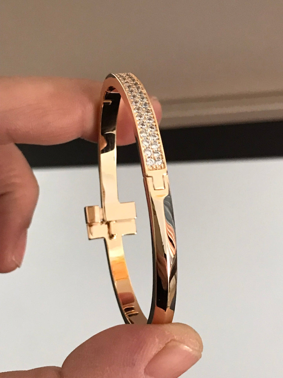 [Dawnora Jewelry]T1 WIDE DIAMOND HINGED BANGLE PINK GOLD