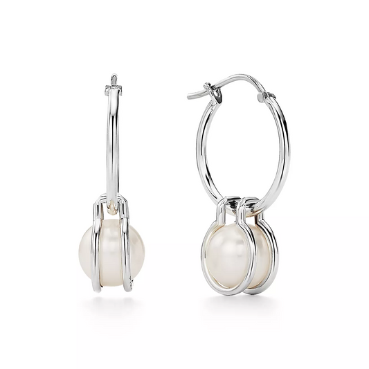 [Dawnora Jewelry]PEARL HOOP SILVER EARRINGS