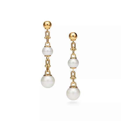 [Dawnora Jewelry]TRIPLE DROP LINK EARRINGS GOLD WITH FRESHWATER PEARLS