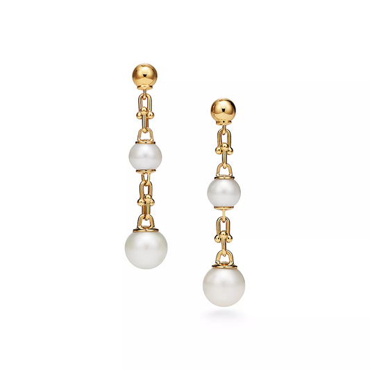 [Dawnora Jewelry]TRIPLE DROP LINK EARRINGS GOLD WITH FRESHWATER PEARLS