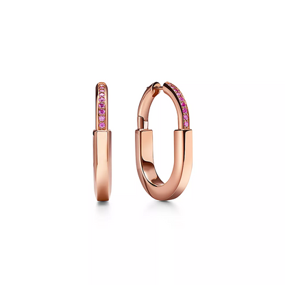 [Dawnora Jewelry]LOCK MEDIUM PINK DIAMOND PINK GOLD EARRINGS