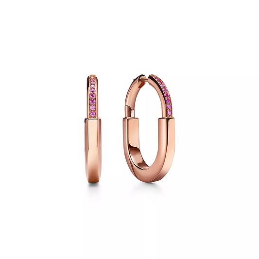 [Dawnora Jewelry]LOCK MEDIUM PINK DIAMOND PINK GOLD EARRINGS