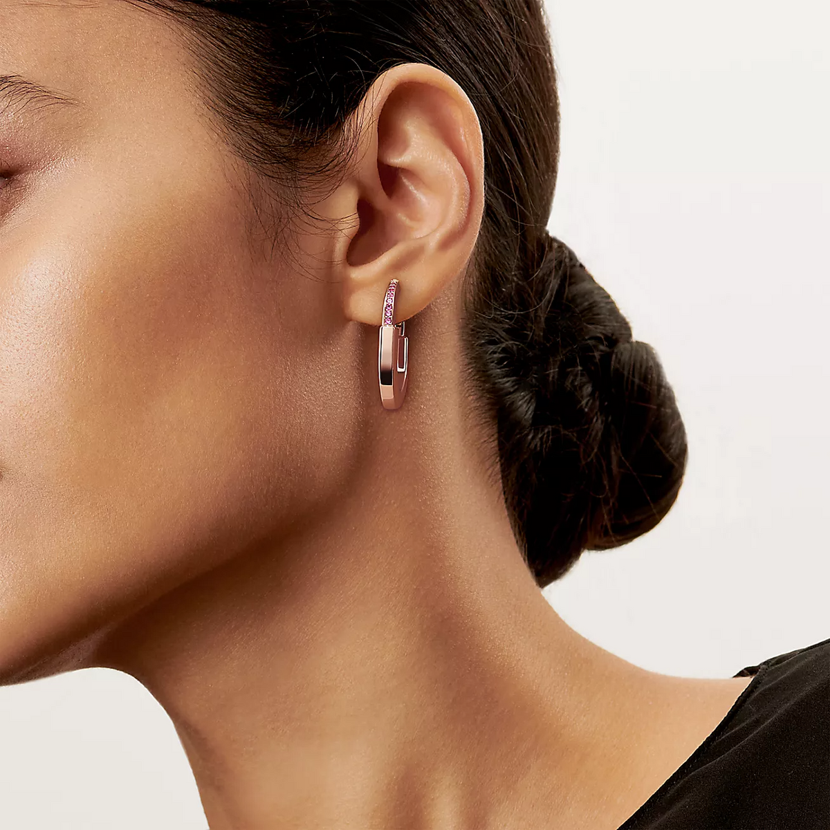 [Dawnora Jewelry]LOCK MEDIUM PINK DIAMOND PINK GOLD EARRINGS