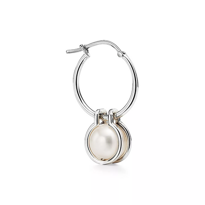 [Dawnora Jewelry]PEARL HOOP SILVER EARRINGS