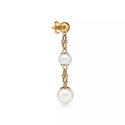 [Dawnora Jewelry]TRIPLE DROP LINK EARRINGS GOLD WITH FRESHWATER PEARLS