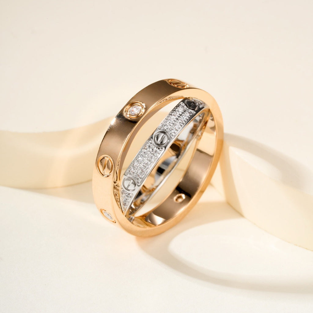 [Dawnora Jewelry]LOVE PINK GOLD SILVER DIAMOND DOUBLE RING
