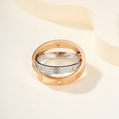 [Dawnora Jewelry]LOVE PINK GOLD SILVER DIAMOND DOUBLE RING