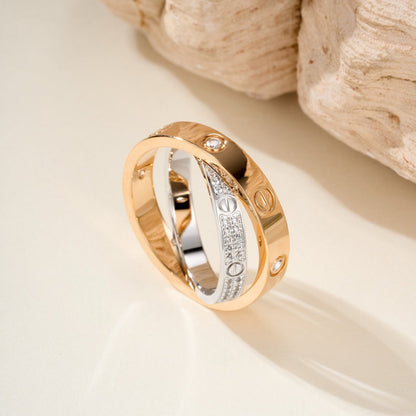[Dawnora Jewelry]LOVE PINK GOLD SILVER DIAMOND DOUBLE RING
