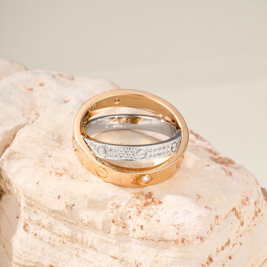 [Dawnora Jewelry]LOVE PINK GOLD SILVER DIAMOND DOUBLE RING