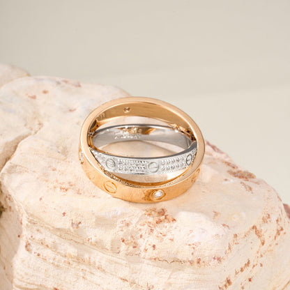 [Dawnora Jewelry]LOVE PINK GOLD SILVER DIAMOND DOUBLE RING