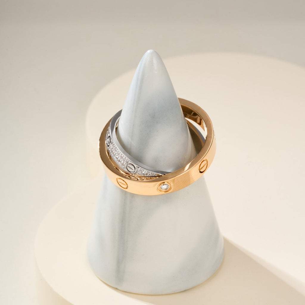 [Dawnora Jewelry]LOVE PINK GOLD SILVER DIAMOND DOUBLE RING