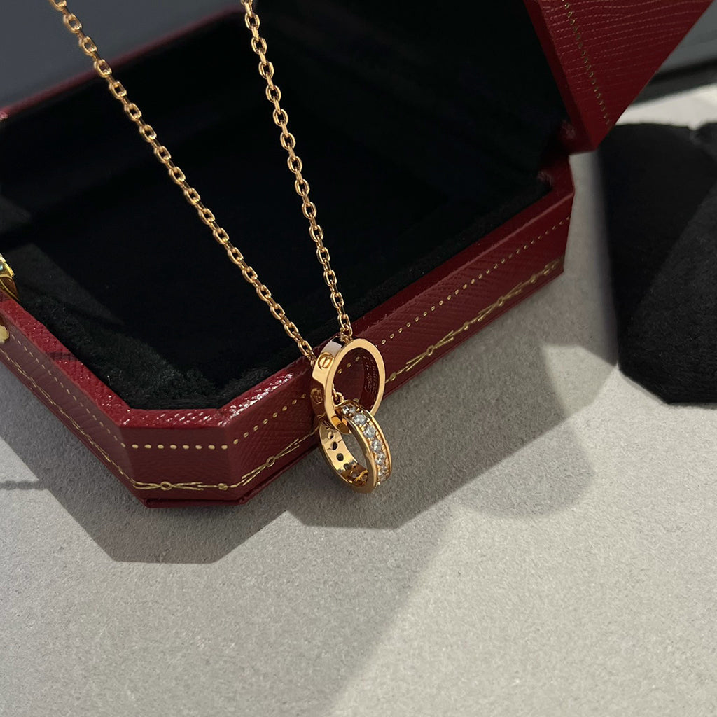 [Dawnora Jewelry]LOVE DOUBLE RING HALF DIAMOND NECKLACE