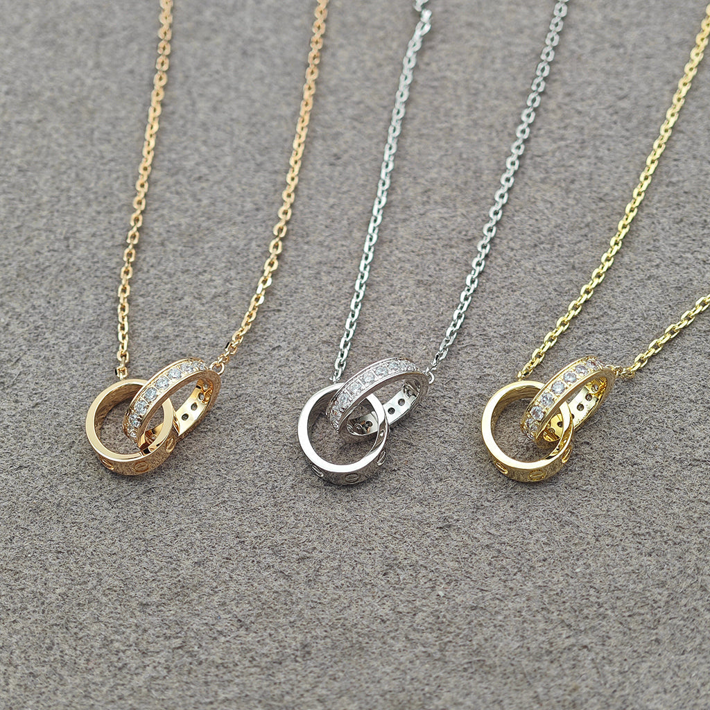 [Dawnora Jewelry]LOVE DOUBLE RING HALF DIAMOND NECKLACE