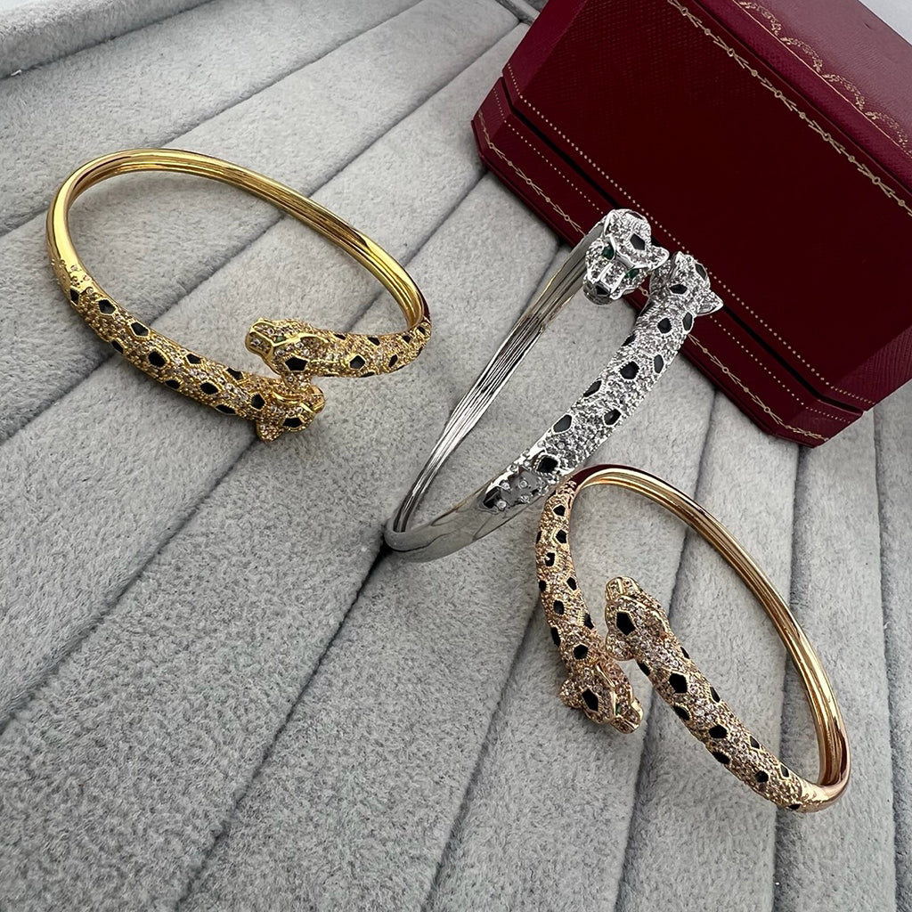 [Dawnora Jewelry]PANTHERE DOUBLE HEADED HALF DIAMOND OPEN BRACELET