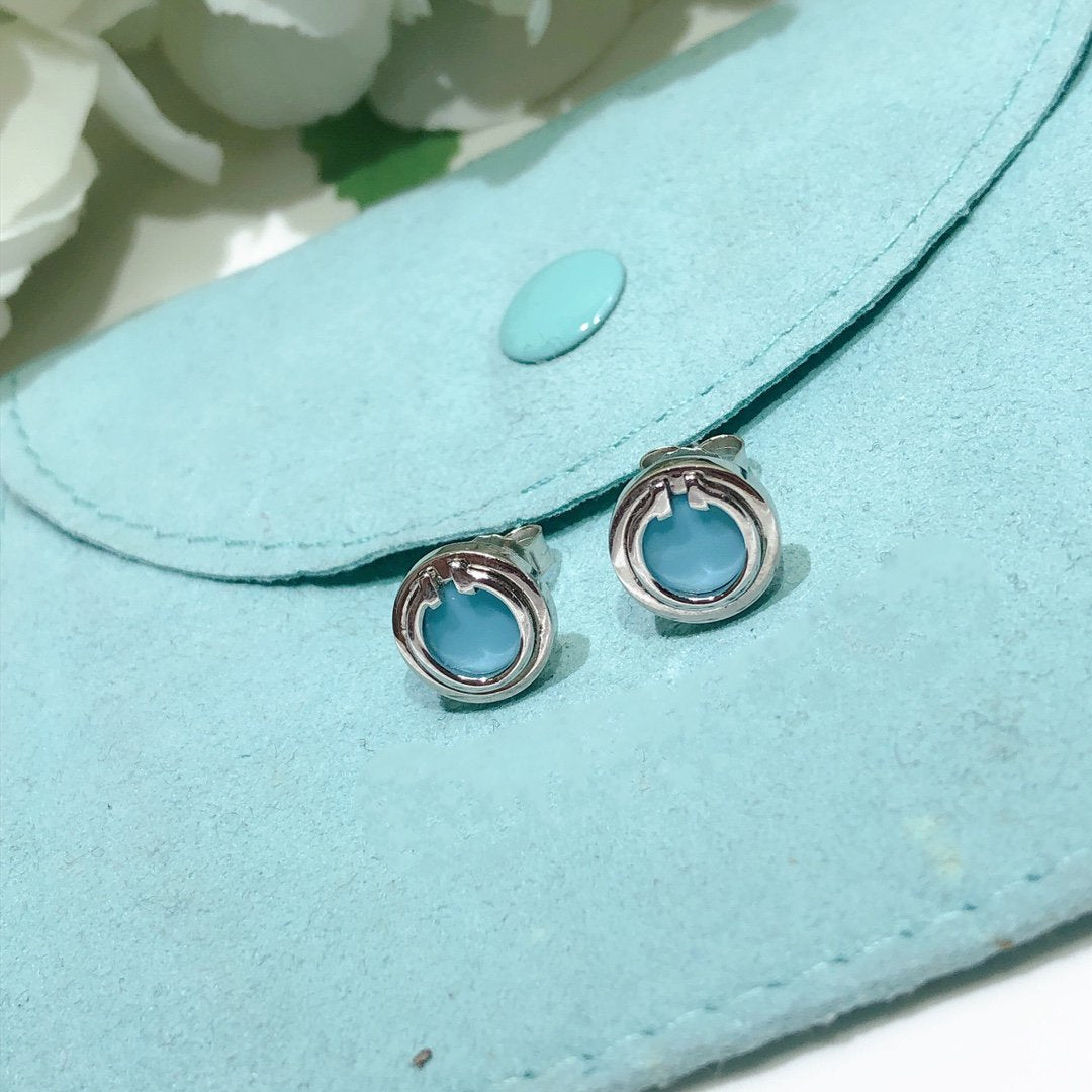 [Dawnora Jewelry]TURQUOISE CIRCLE WHITE GOLD EARRINGS