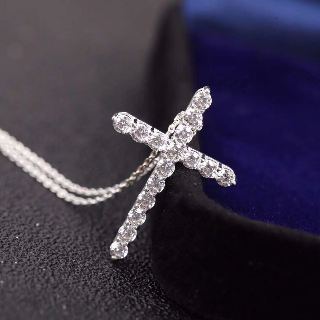 [Dawnora Jewelry]MOISSANITE STONE CROSS PENDANT NECKLACE SIMULATED DIAMOND CROSS CHOKER