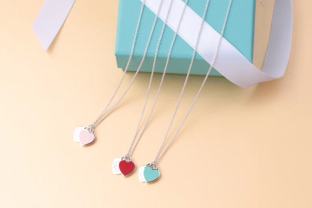 [Dawnora Jewelry]DOUBLE HEART TAG PENDANT SILVER MINI NECKLACE