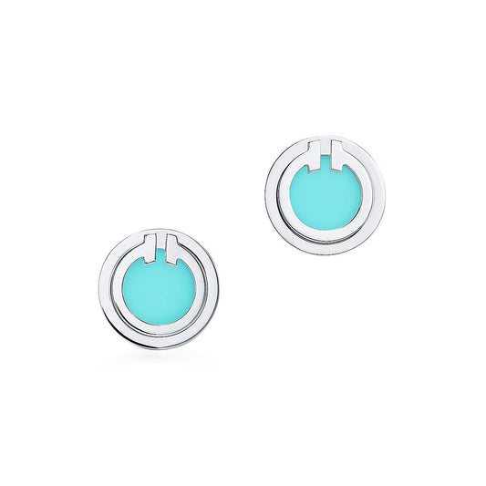 [Dawnora Jewelry]TURQUOISE CIRCLE WHITE GOLD EARRINGS